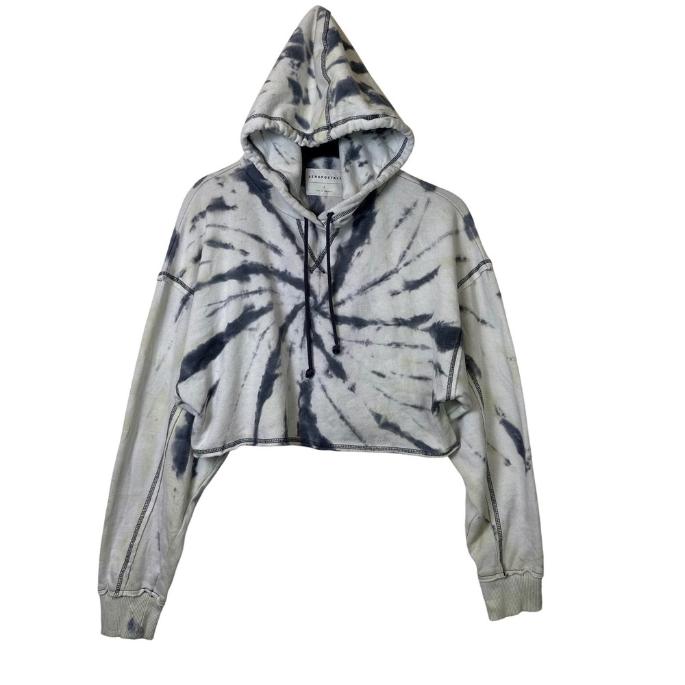 Aeropostale Womens Tie Dye Cropped Hoodie Grey White Raw Hem‎ Small